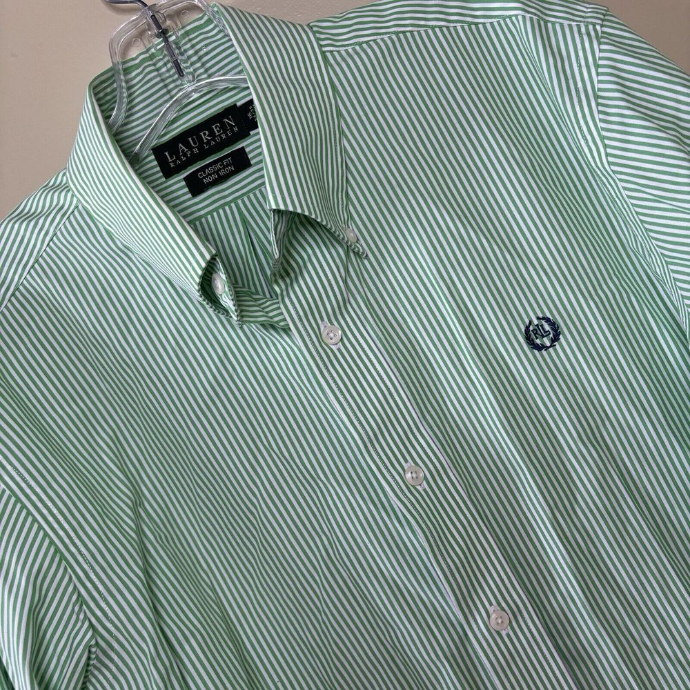 Mens Lauren Ralph Lauren 16 34/35 Collared Dress Shirt Green Stripes‎ RL Logo